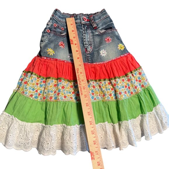 Girls Layered Denim Floral Skirt With Eyelet Lace & Elastic Waist Boho - Picture 3 of 8